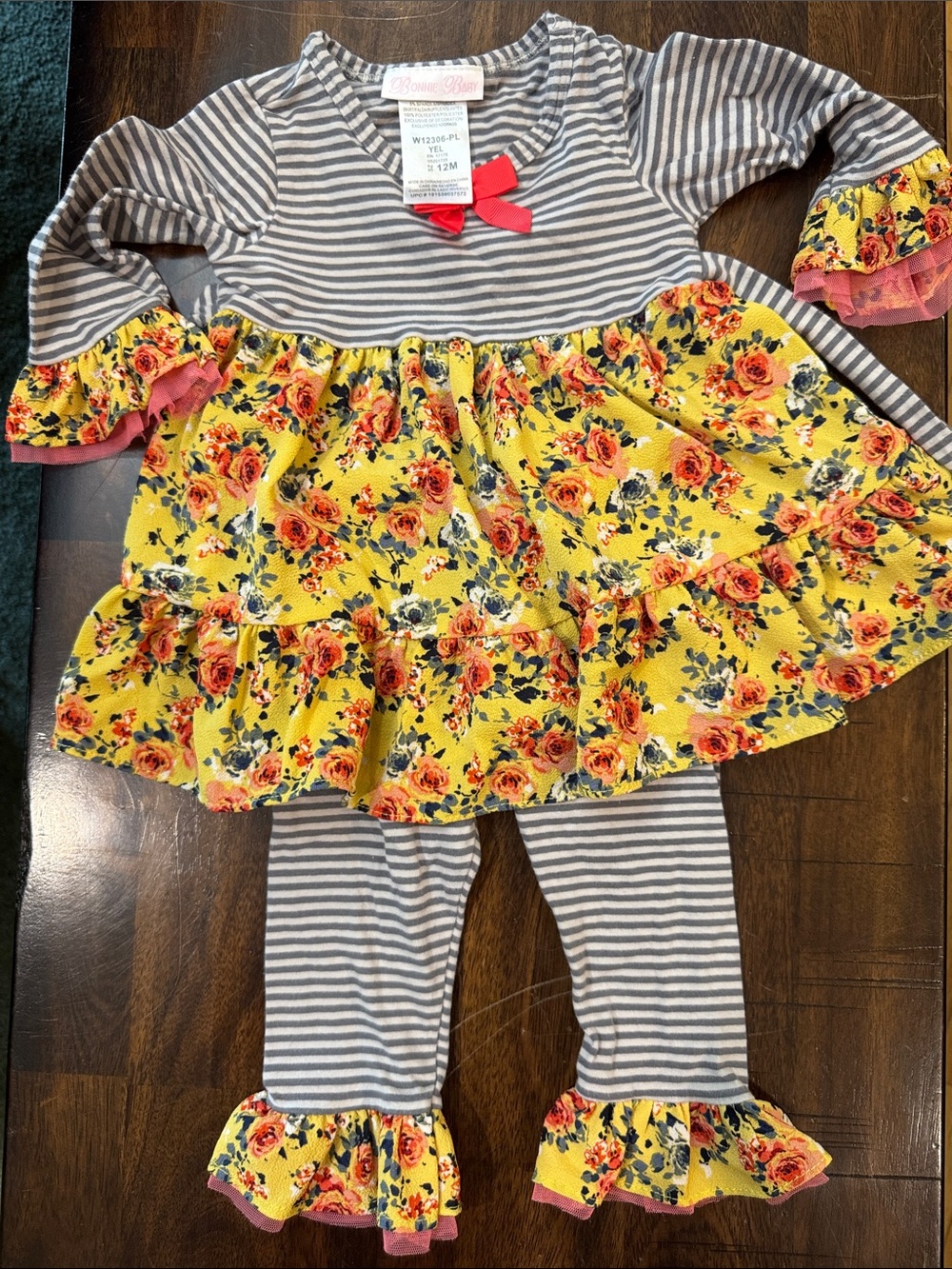 Bonnie Baby Gray & White Striped Top with Coral Bow